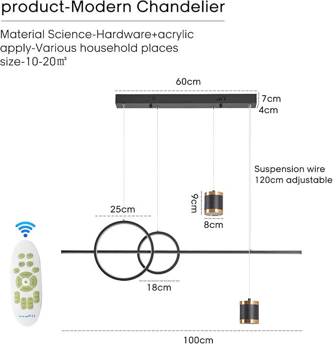 MQW LED hanglamp eetkamer dimbare hanglamp eettafel zwart moderne kroonluchter met afstandsbediening kroonluchter lineair ontwerp opknoping hoogte verstelbaar eettafel lamp, zwart(L100cm/48W) photo 3
