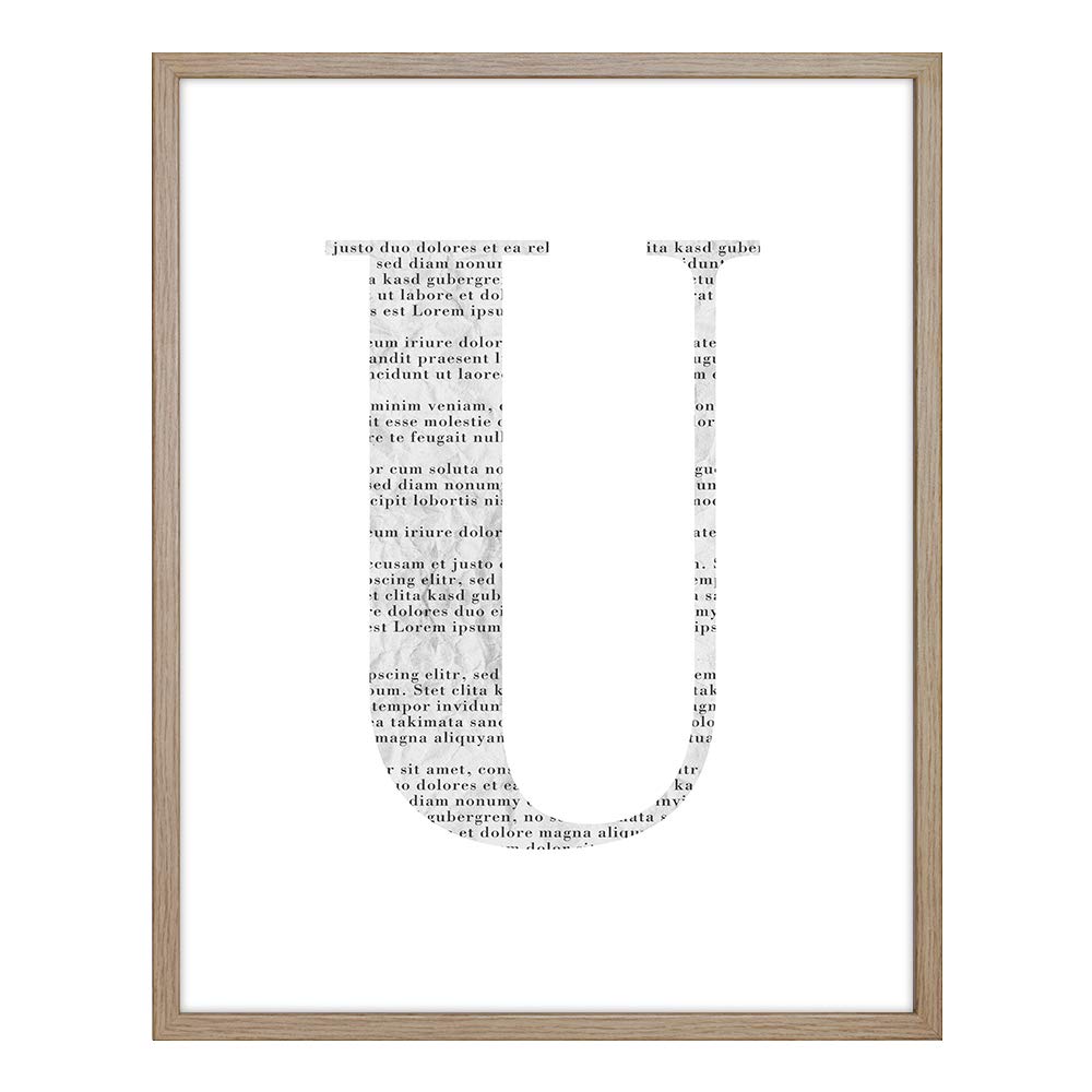 Stampa Artistica con Immagine di Giornale Bianco e Nero, Cornice Neo in rovere naturale (decoro) con poster da parete, Lettera U, 60 x 80 cm