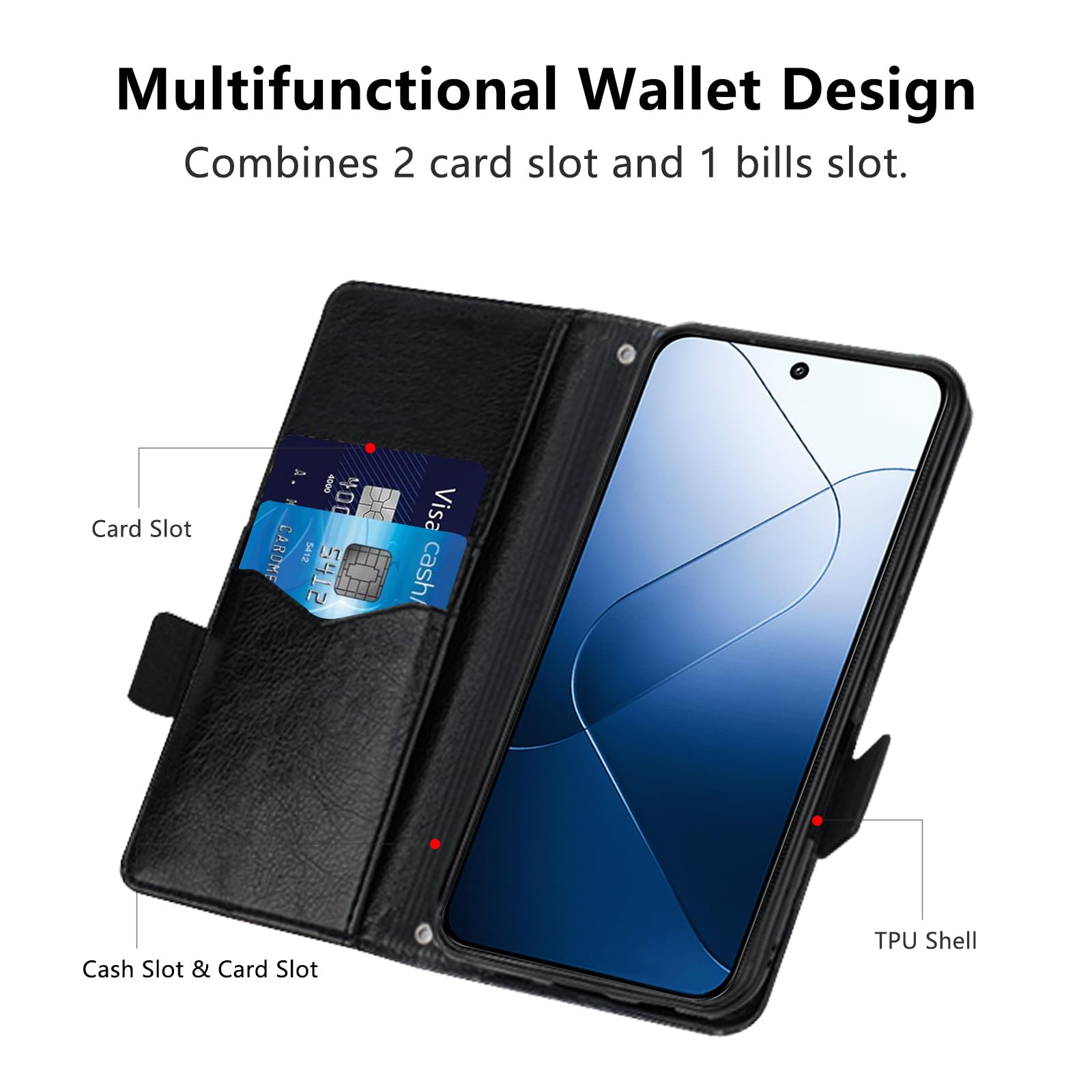 Cover Portafoglio Per Xiaomi 14 In Pelle PU – Custodia Magnetica Con Supporto E Slot Per Schede (Colore Arancione)