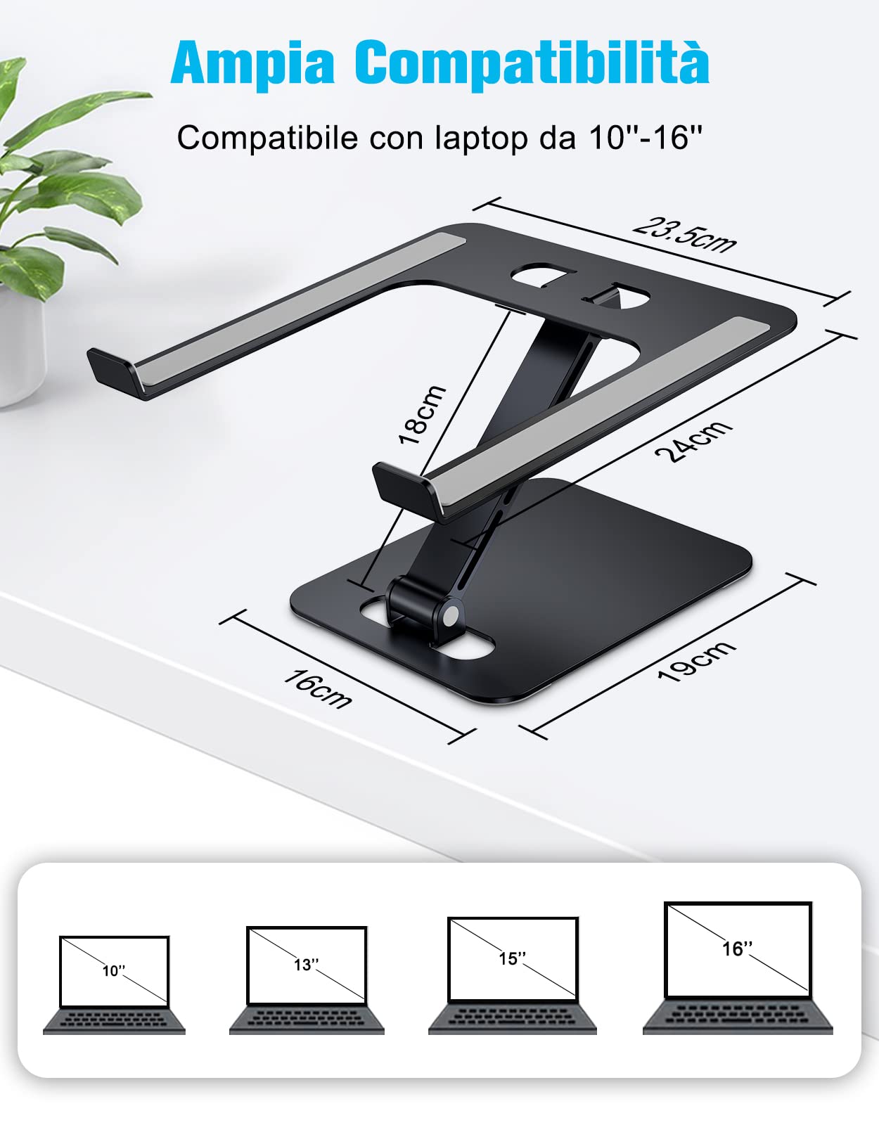 Babacom Supporto PC Portatile, Pieghevole Ergonomico Porta PC con Regolabile Altezza, Ventilato Laptop Stand Vassoi di appoggio per PC portatili Compatibile con MacBook Air, Altri 10-16" Tablet, Nero