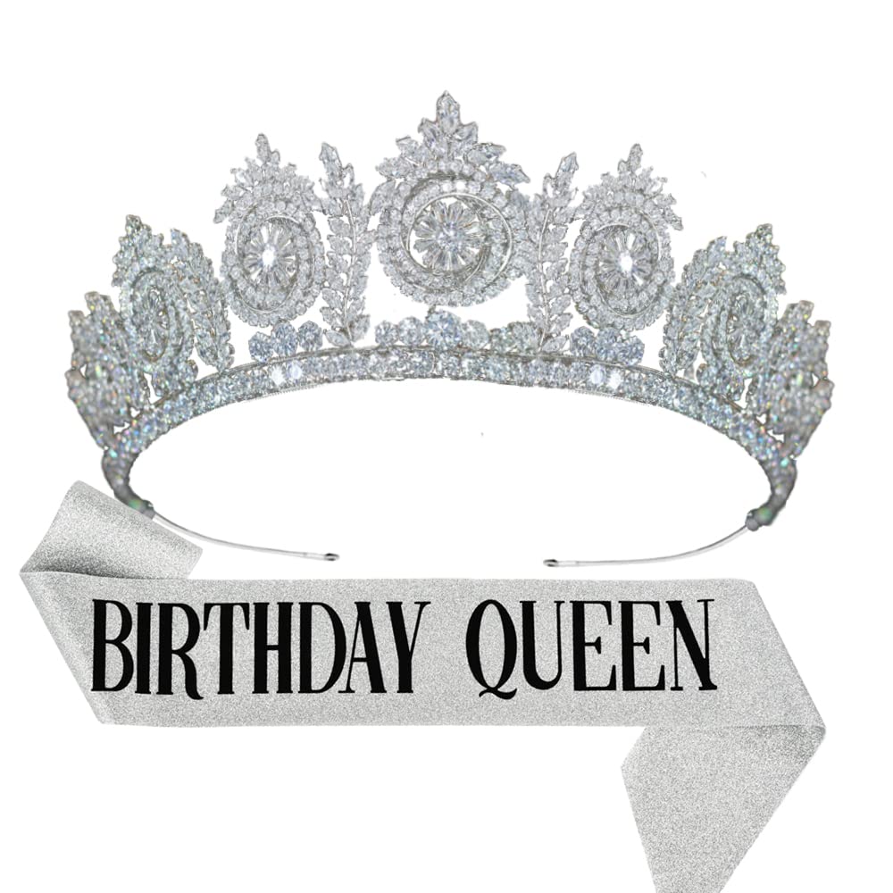 Jorsnovs Birthday Queen Sash and Tiara Set Silver Zircon Crown for Women Cubic Zirconia Birthday Hair Accessories for Party