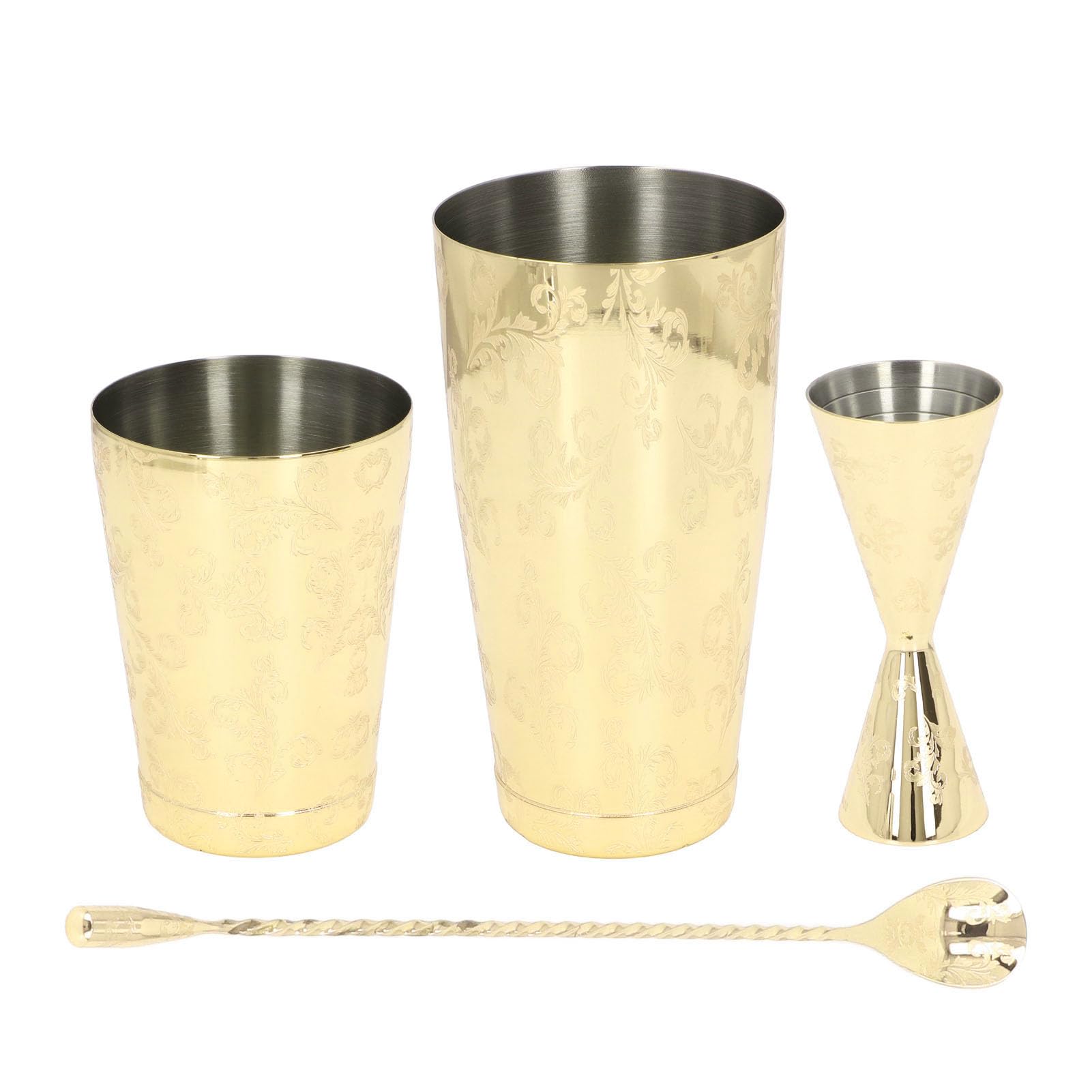 Boston - Juego de coctelera multifuncional de acero inoxidable 304 con estampado vintage, equipo profesional de mezcla de bebidas, accesorios para el hogar, bar, construcción resistente (juego de 3)