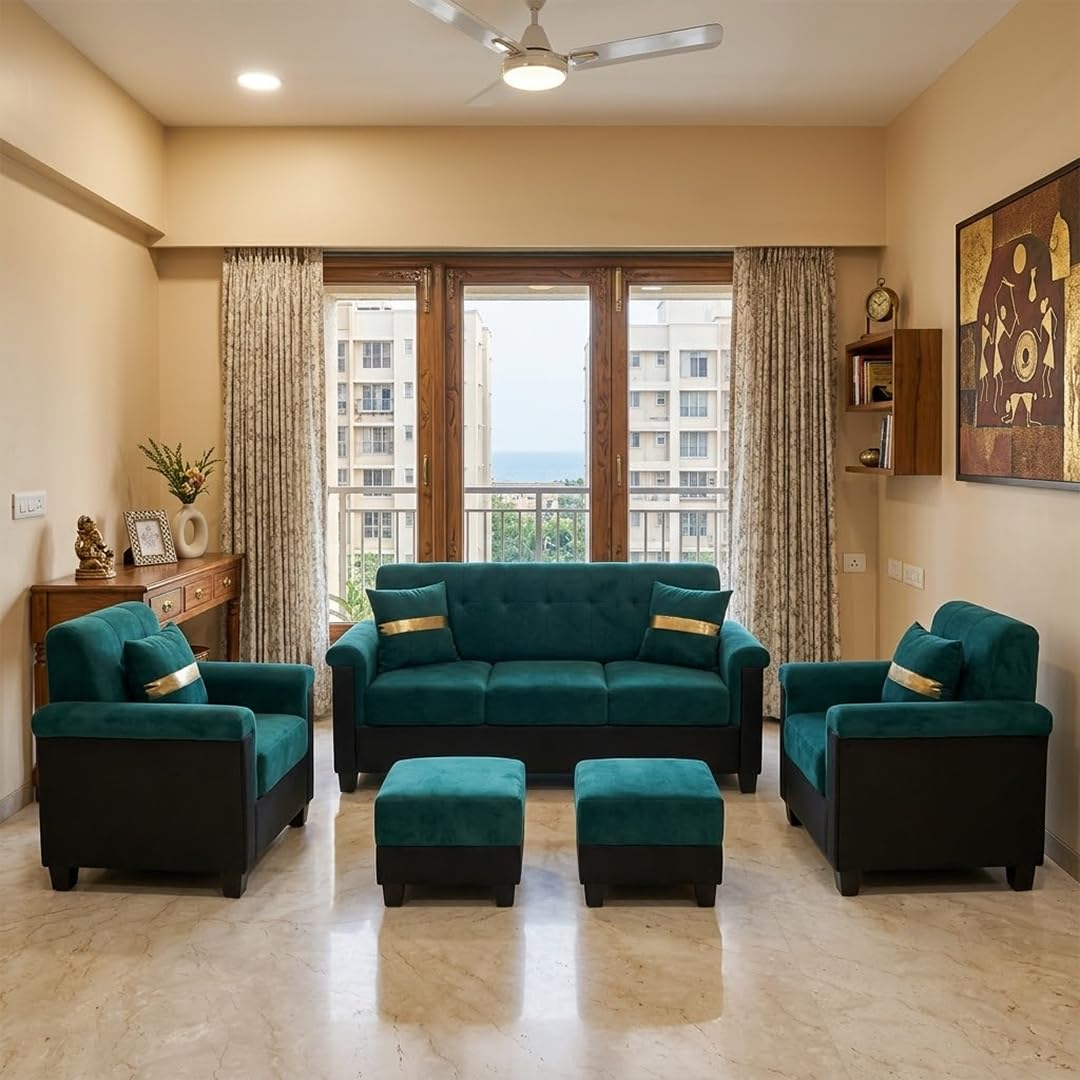 FURNY Woodswave 5 Seater Sofa Set with Velvet Fabric, 3+1+1+2 Puffy Sofa Set for Living Room (Teal-Black) Durable & Comfortable | Ideal for Living Room-image-46