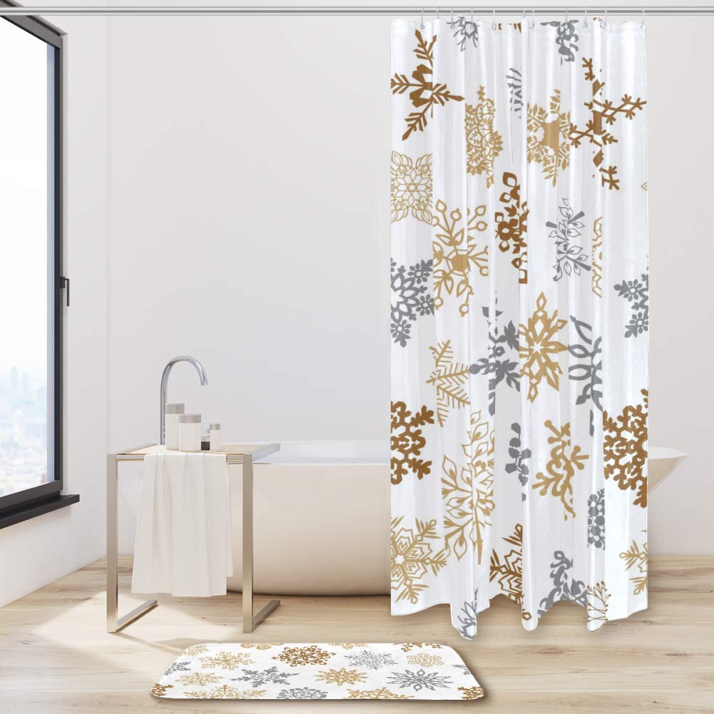 ABAKUHAUS Fiocco di neve Tenda da Doccia, Linea Inverno Motivi, Tessuto Set di Decorazioni per il Bagno con Ganci, 175 x 180 cm, Bianco Nero Grigio