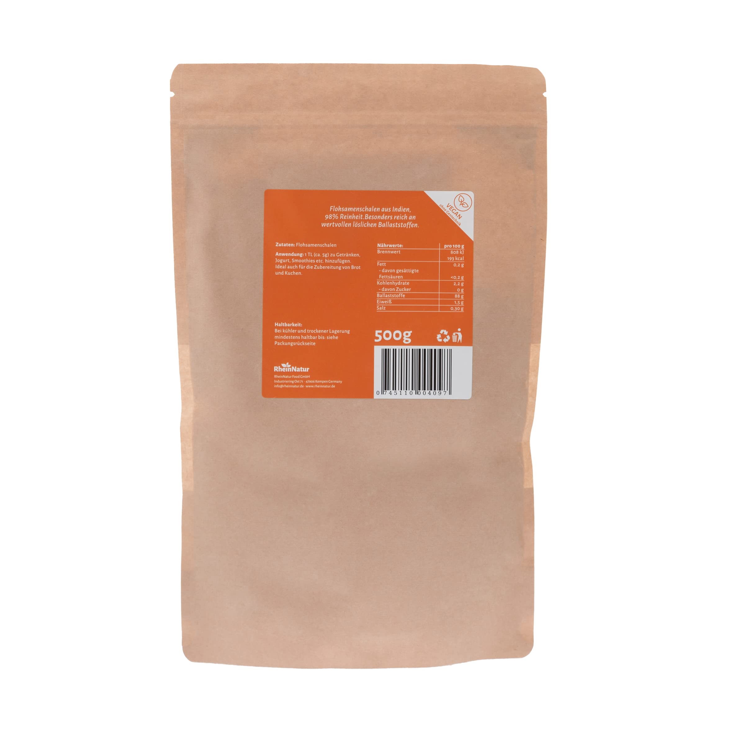 Rheinnatur Semillas de pulgas orgánicas en polvo finamente molidas orgánicas, 99% de pureza, para ayudar a la digestión, 500 g