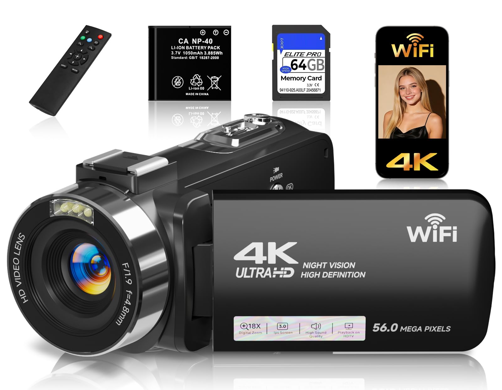 Photo 1 of Camcorder,FHD 4K Video Camera,56 MP WiFi Vlogging Cameras for YouTube with IR Night Vision,18X Digital Zoom 3.0''Touch Screen Digital Camera with 64GB Card,Remote Control,Webcam and Battery,Black
