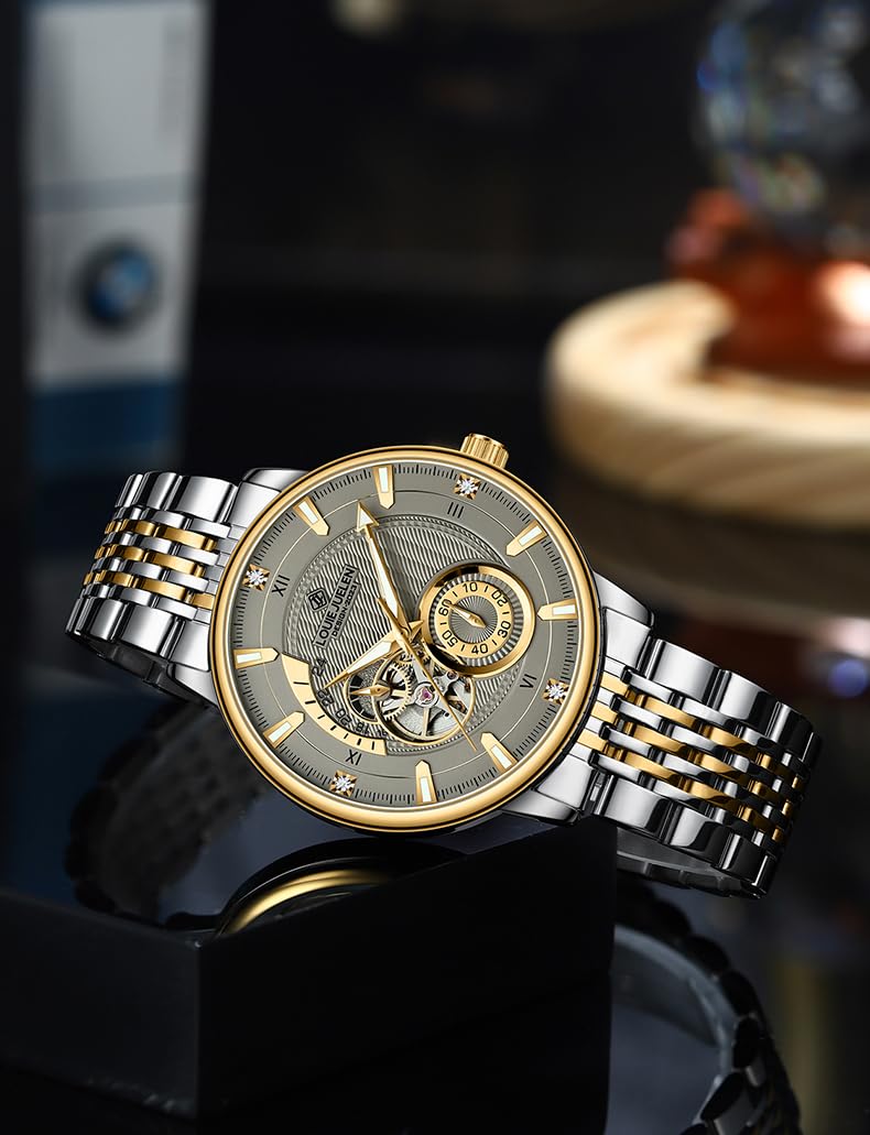BESTKANG Herren vollautomatische mechanische Skelettierte Tourbillon wasserdichte Edelstahl Multifunktionsuhr
