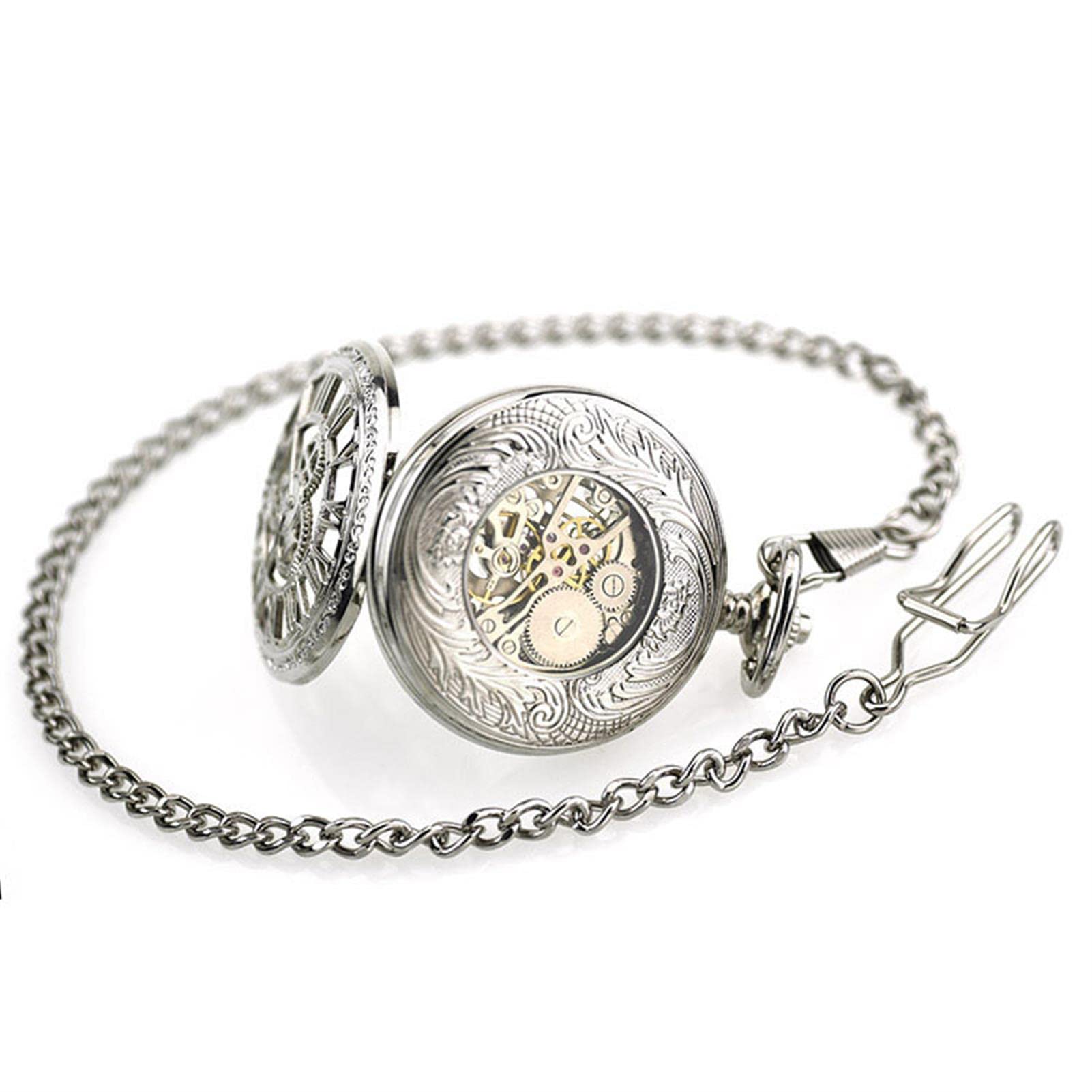 Mode Retro Taschenuhr Herrentaschenuhr, Antike Skelett mechanische Männer Steampunk mechanische Fob Uhren Uhr Anhänger Handaufzug(Silver)