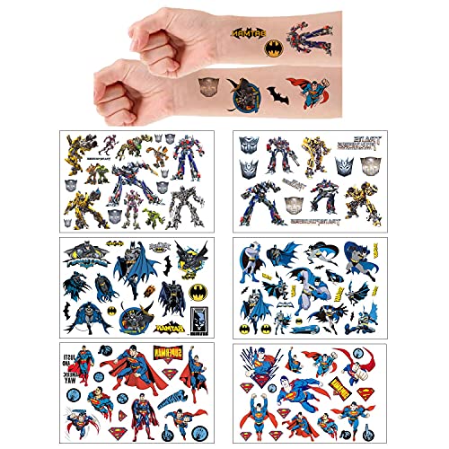 6 Sheets Ensemble de tatouage temporaire Superman Batman Transformer Faux autocollants de tatouage temporaires imperméables pour sacs-cadeaux