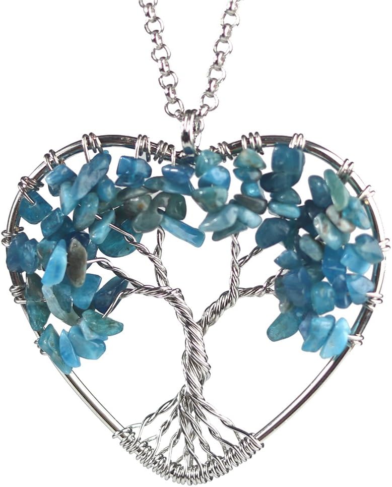 BAYUEBA Tree of Life Chakra Heart Silver Pendant Necklace Blue Crystal