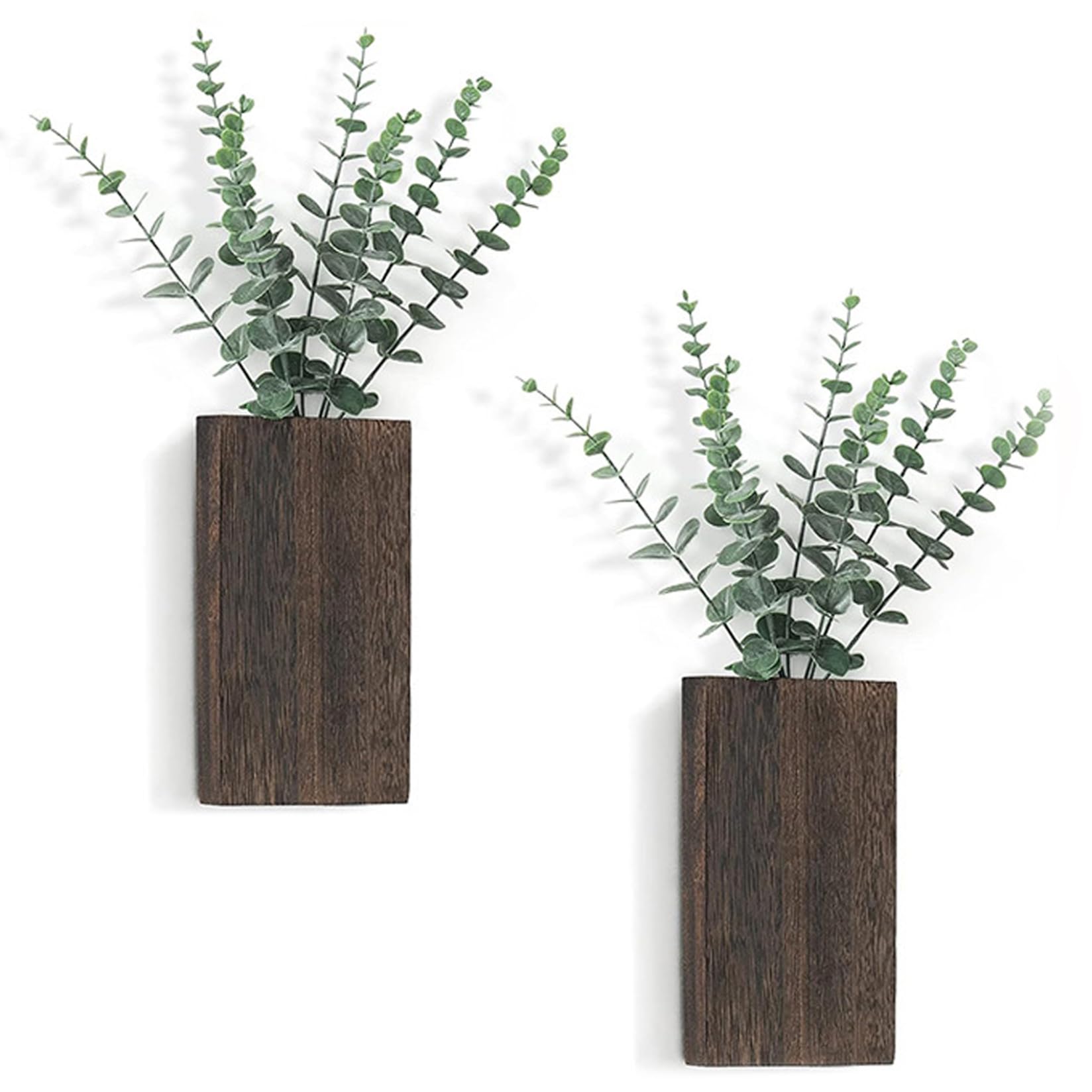 Stazamor 2Pcs Wall Planter, Wooden Plant Wall Decor Vase With Artificial Eucalyptus, Hanging Planter, Vertical Decor For Bedroom Living Room Home Office