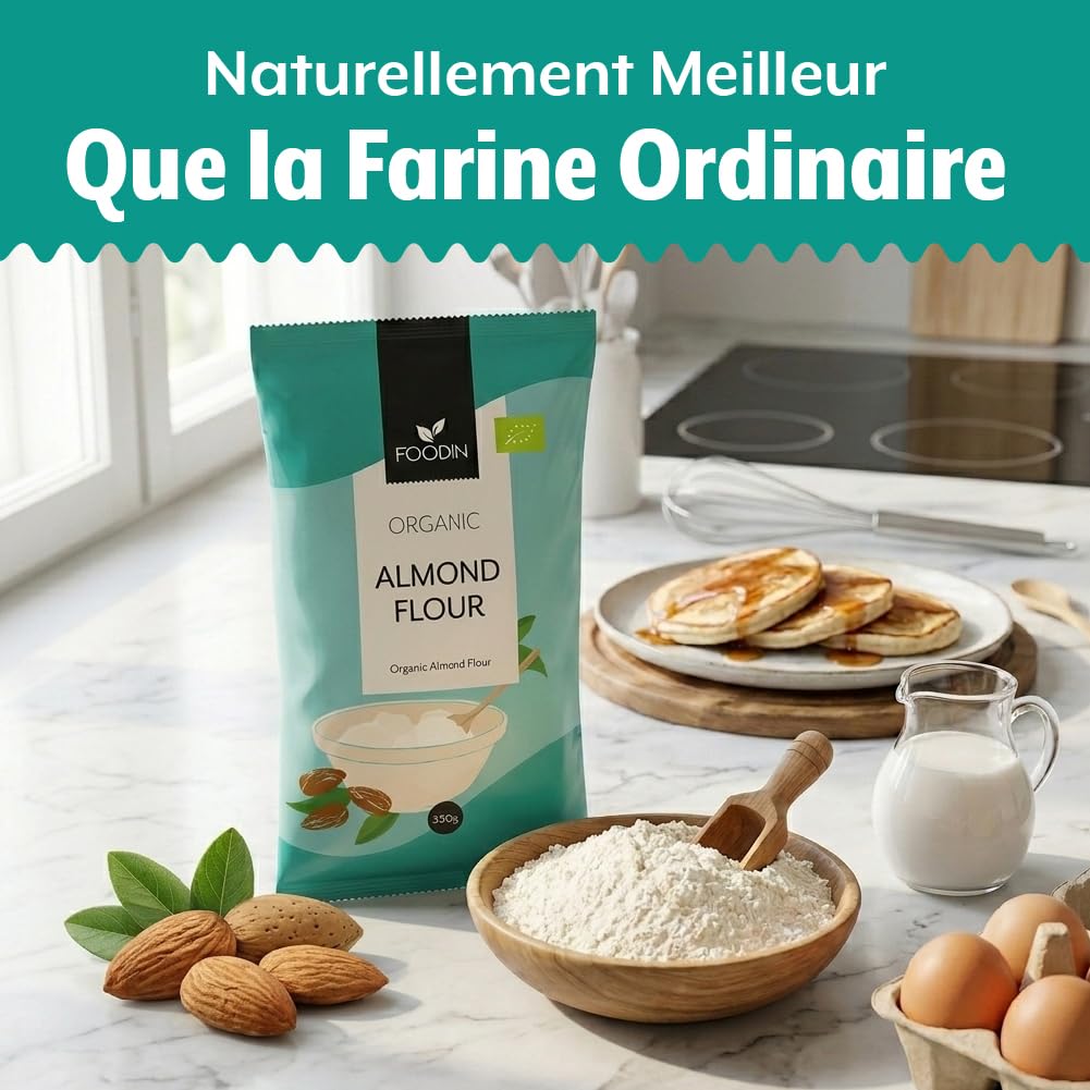 FOODIN Farine d’Amande Bio 350 g – Finement Moulue & Riche en Protéines – Sans Gluten – Idéale pour Pâtisserie Low Carb & Recettes Keto