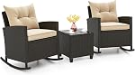 KOTEK 3 Ensemble de bistros pour meubles en patio de pièces, fauteuils de rocking d'extérieur en osier & Table en verre, PE Ensemble de conversation pour porch, balcon, pont, piscine (Mix Brown-Beige)