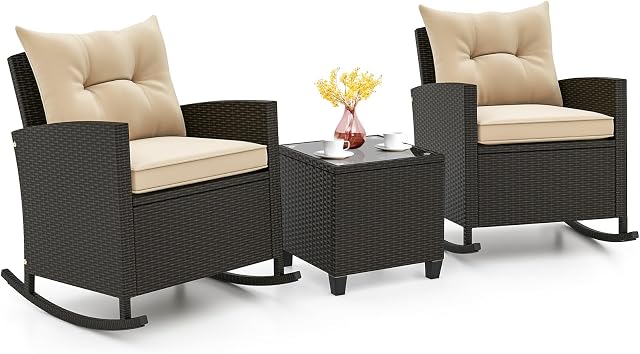 KOTEK 3 Ensemble de bistros pour meubles en patio de pièces, fauteuils de rocking d'extérieur en osier & Table en verre, PE Ensemble de conversation pour porch, balcon, pont, piscine (Mix Brown-Beige)