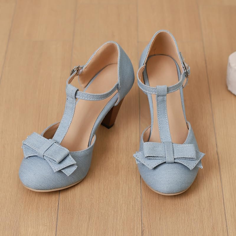 Image of Elbslutt Women's Cute Retro Rockabilly Shoes T Strap Mary Janes Heels Chunky Cosplay Shoes Sweet Block Heeled Bow Pumps
