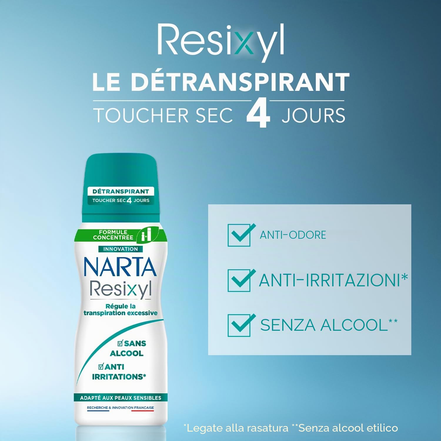 NARTA - Resixyl - Deodorante spray compresso da donna - Deodorante tattile secco 4 giorni - Sudorazione eccessiva - Anti-irritazioni* - 0% alcool** - Pelle sensibile - Anti traccia bianca - 100 ml -