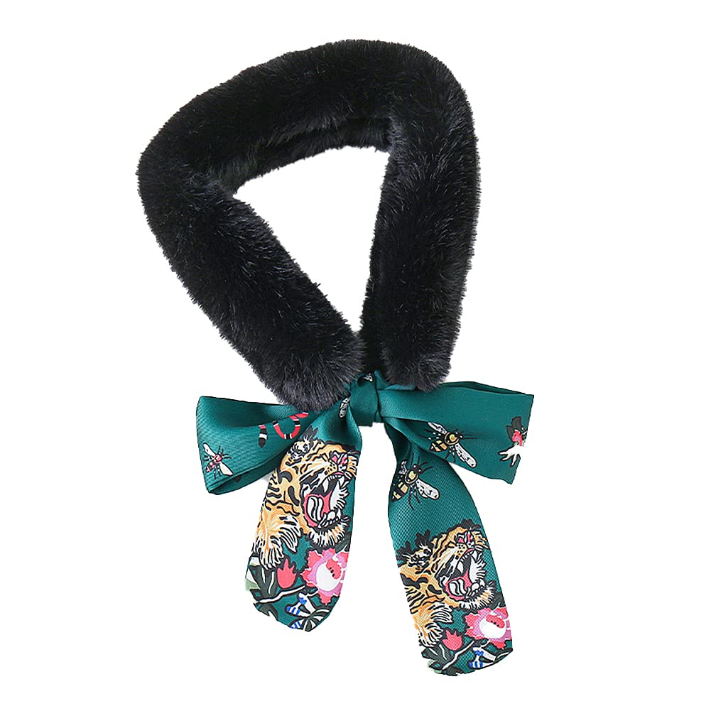 MagikWomen Winter Faux Rabbit Fur Collar Leopard Print Ribbon Tied Bow Scarf Warm