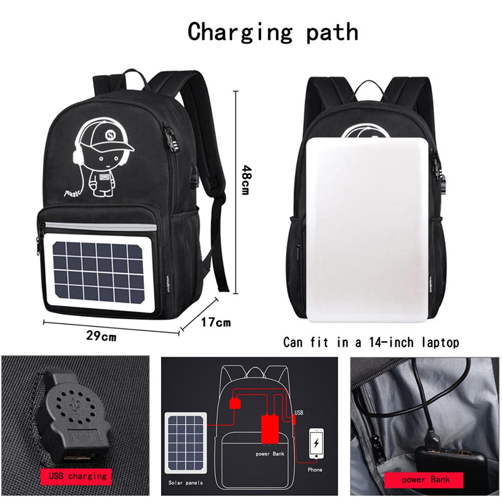 Zaino Antifurto Uomo Zaino Porta PC 14 Pollici, Zaino Solare con pannello solare integrato da 4W, Zaino per Escursionismo con Funzione di Ricarica Solare Rimovibile
