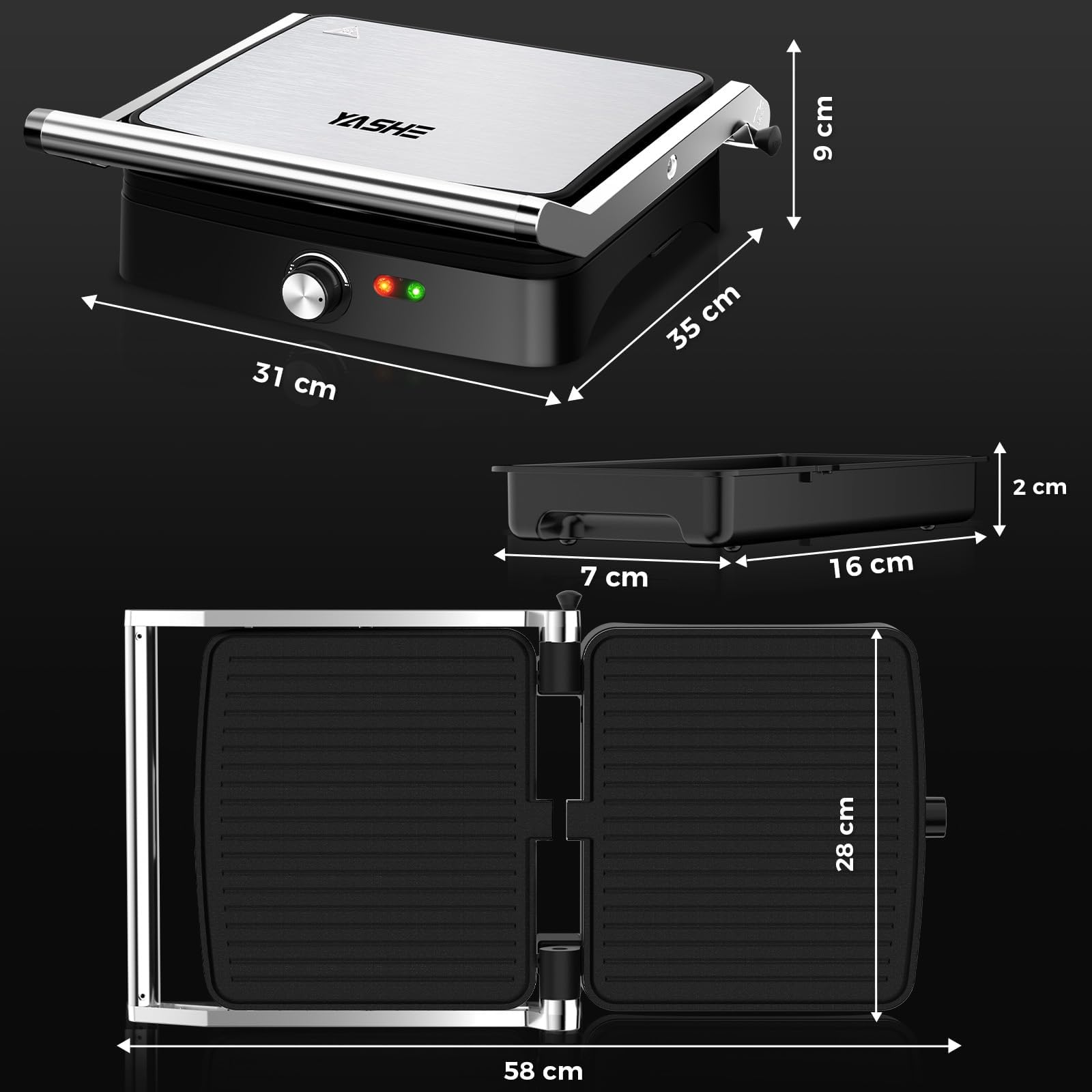 YASHE Barbecue a contatto con regolatore di temperatura, apribile a 180°, piastre antiaderenti, coperchio in acciaio inox, panini per panini, carne e verdure, 2000 W
