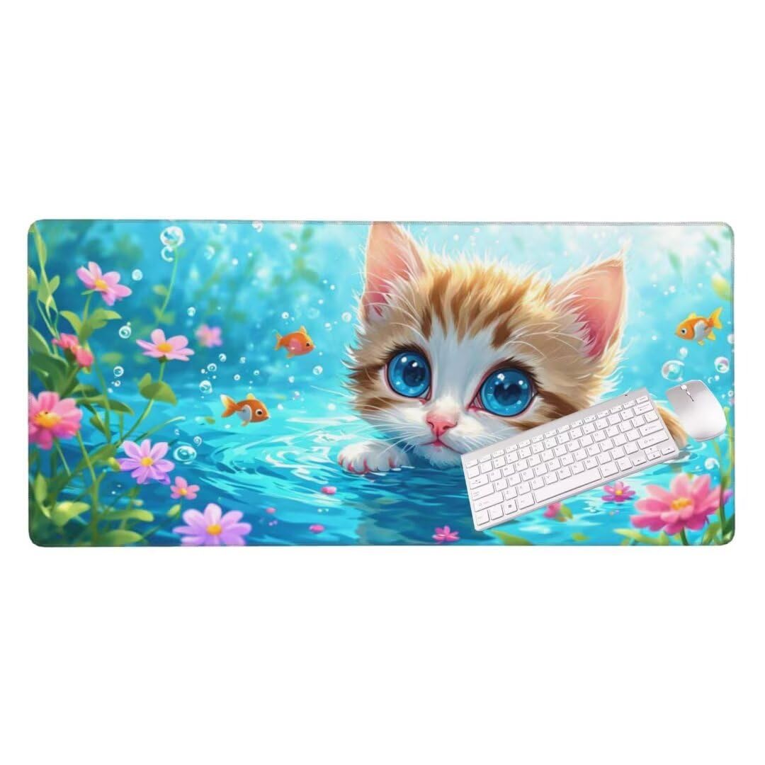 Alfombrilla de ratón 1400x600x3 MM, Alfombrilla Ratón XXL Extendida de Gran Tamaño con Bordes Cosidos, Resiste Salpicaduras, Base de Goma Antideslizante y Almohadilla para Teclado, Lago gato S-8801