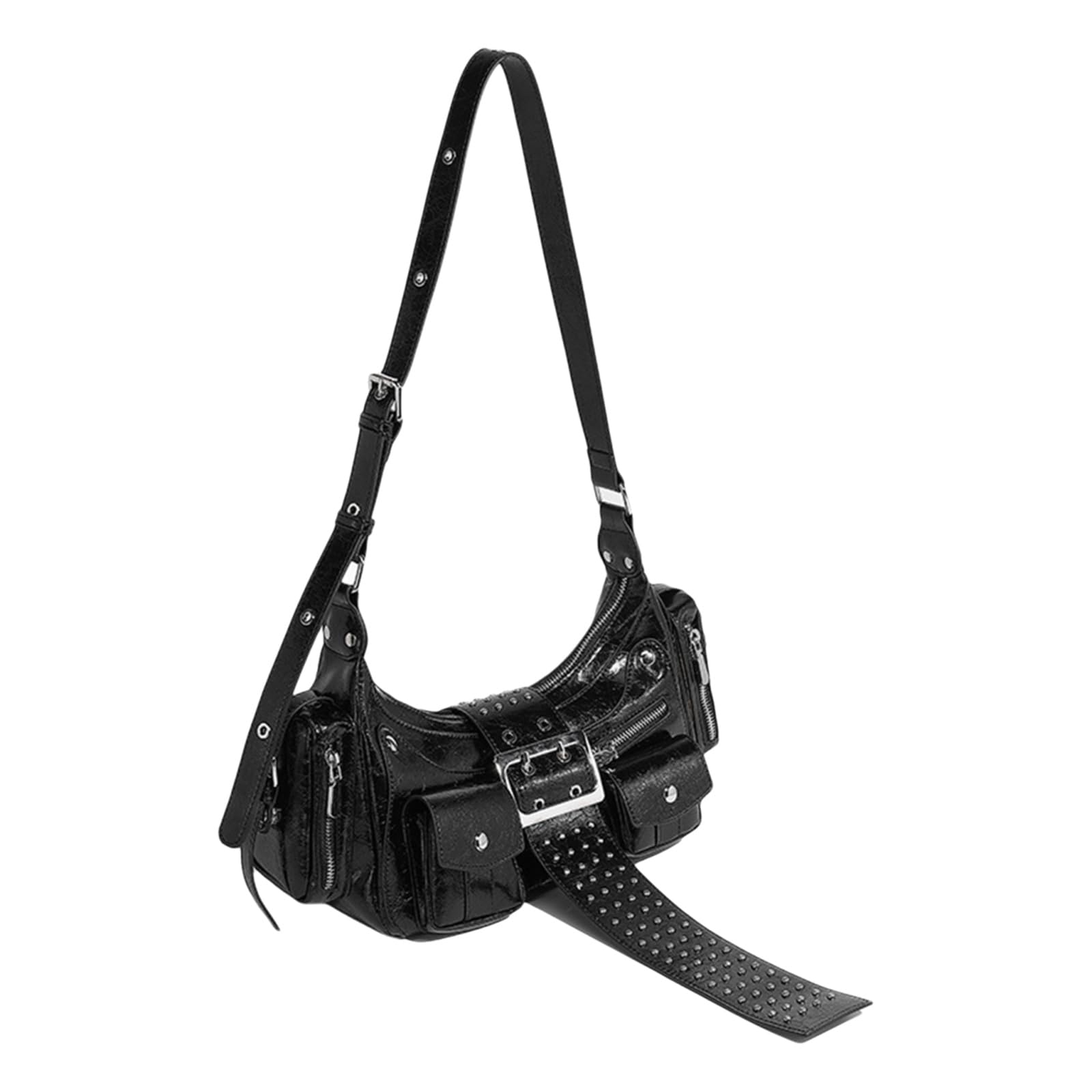 Bolso de hombro de piel sintética para motocicleta, con remaches punk, bolso cruzado con correa ajustable, bolso de mano de piel sintética