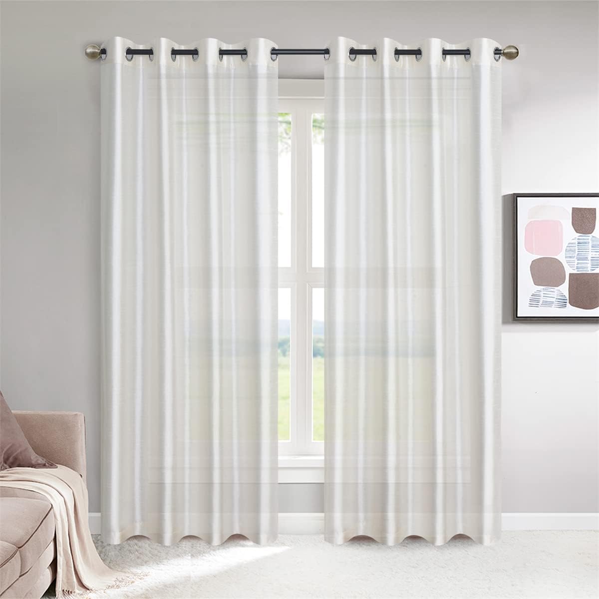 GYROHOME Semi Sheer Faux Silk Beige Curtains Light Filtering Voile Drapes Grommet Top Window Treatment Drapes for Bedroom Living Room, 2 Panels, 52x120inch