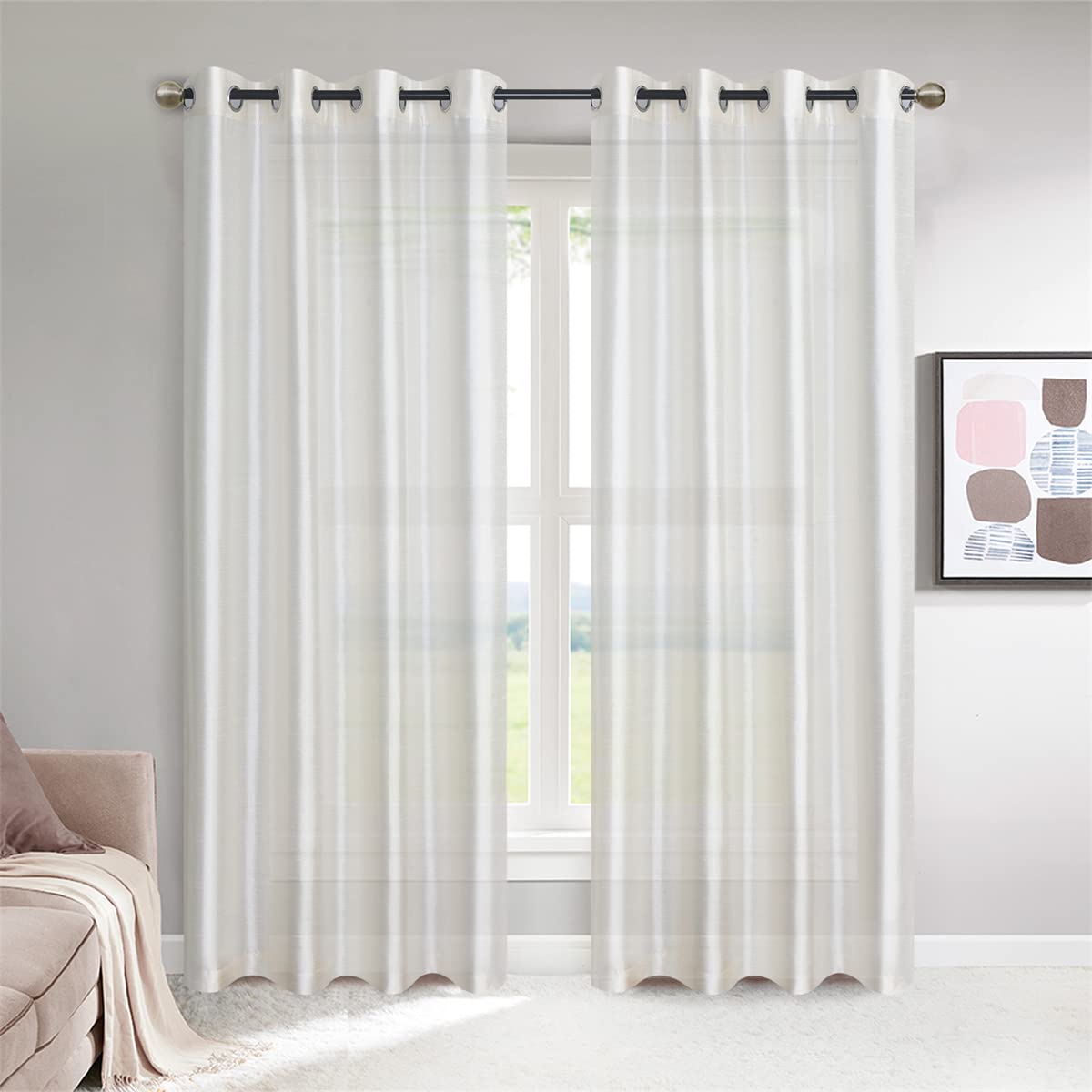 GYROHOME Semi Sheer Faux Silk Beige Curtains Light Filtering Voile Drapes Grommet Top Window Treatment Drapes for Bedroom Living Room, 2 Panels, 229 x 229 cm