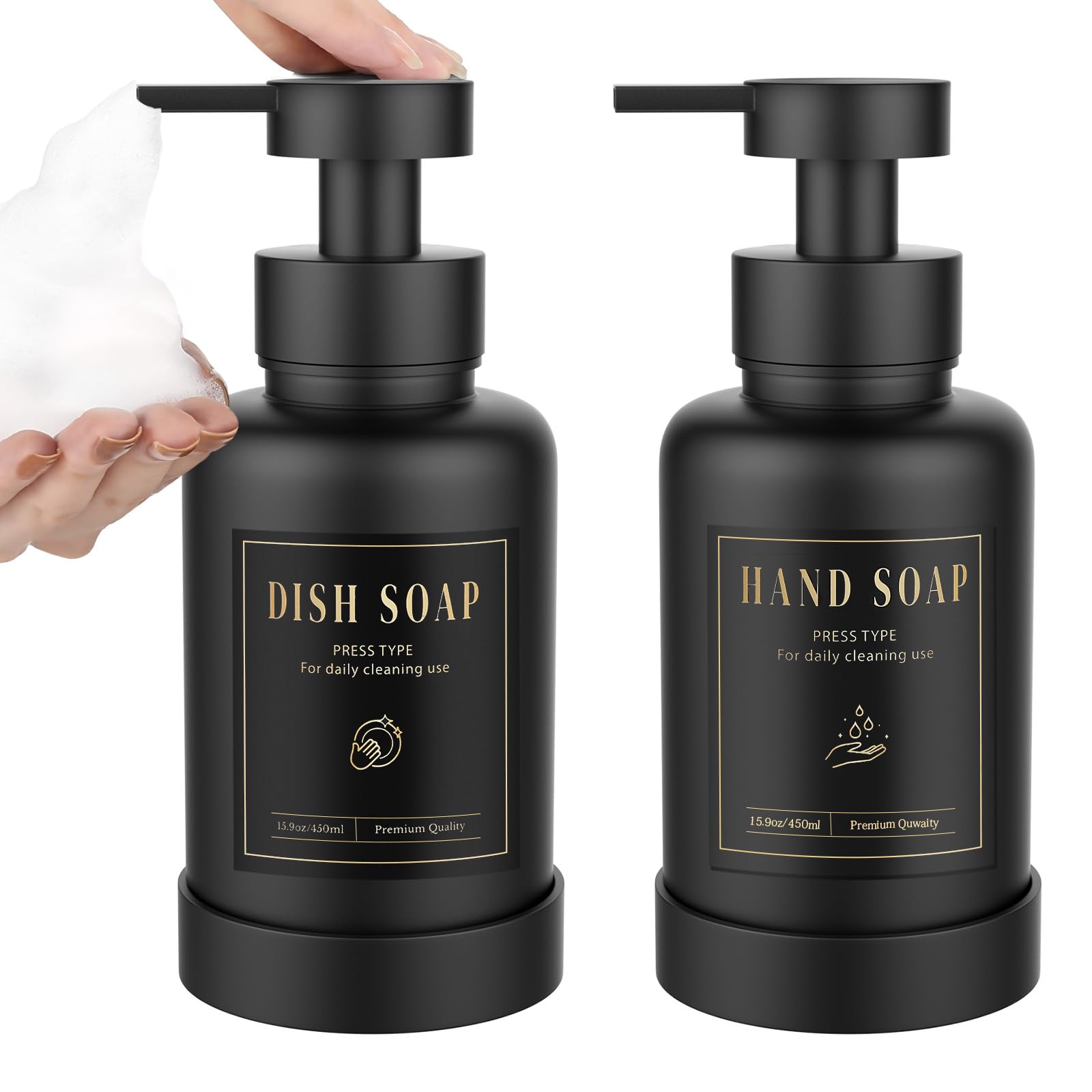 Luxspire Foaming Soap Dispenser, Glass Foam Pump Soap Dispenser, Non-Slip Hand Soap Container with 5 Waterproof Labels, 15 Oz Refillable Liquid Soap Holder for Bathroom & Kitchen, Black, 2 Pack