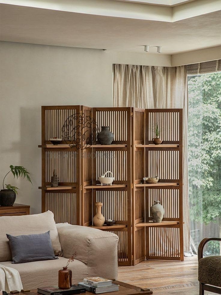 Image of Wooden Partition Divider for Living Room, Partition Wall, Privacy Divider, Freestanding Folding Panels for (6 Feet 5 Panel with 3 Shelve) (6 feet 5 Panel Dark Brown)