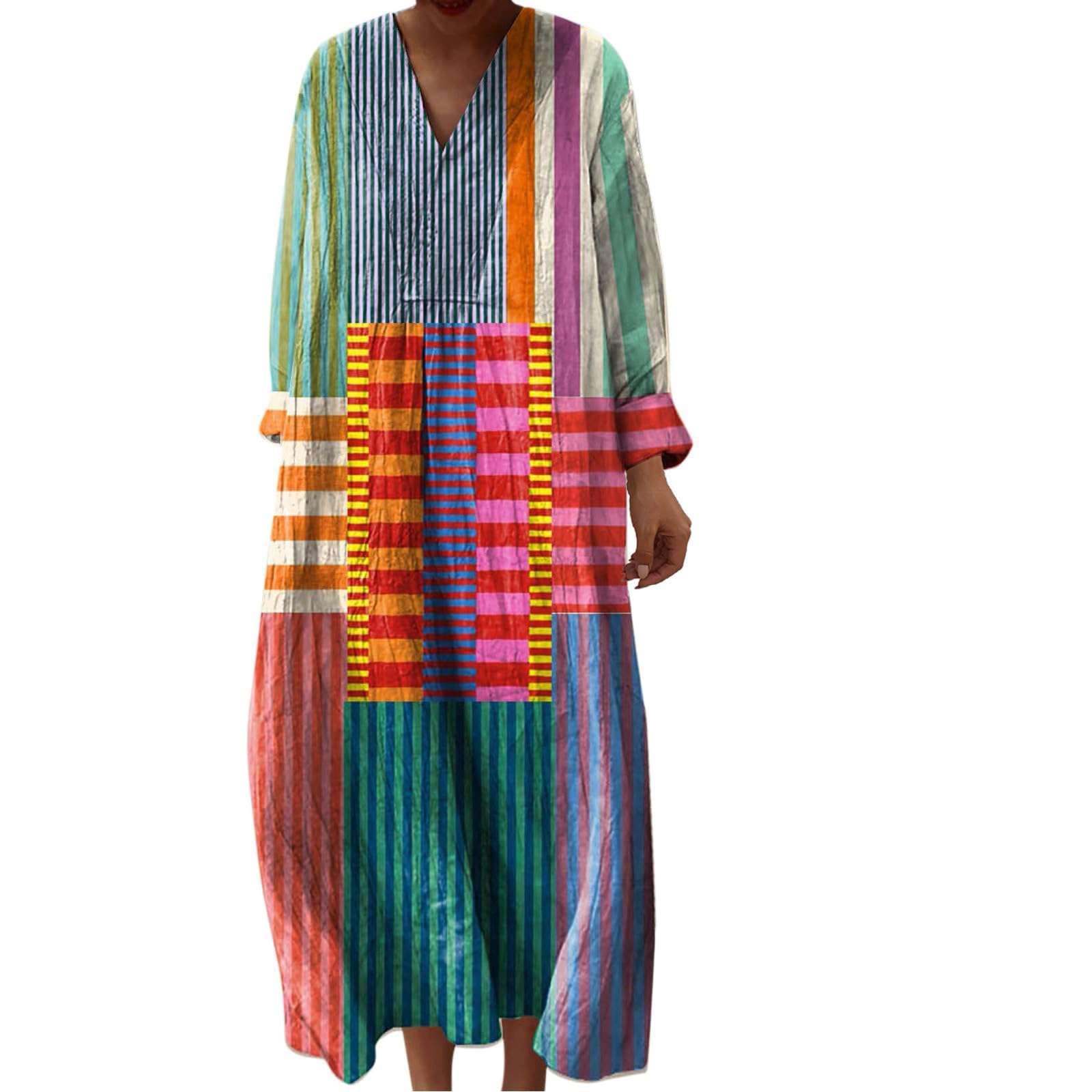 Summer Dresses for Women UK Plus Size Linen Italian Dress Boho Ethnic Print Long Short Sleeve V Neck Kaftan Cotton Casual Tunic Petite Italy Ladies Holiday Beach Clothes Sun Dress with Pockets