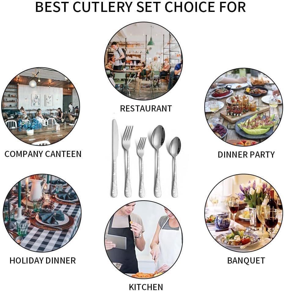 Image of aDai Sterling Silver Silverware Set | Satin Finish 20-Piece Flatware Set with Unique Floral Printed Handle | Dishwasher Safe Stainless Steel Cutlery for Home, Restaurant & Gifting