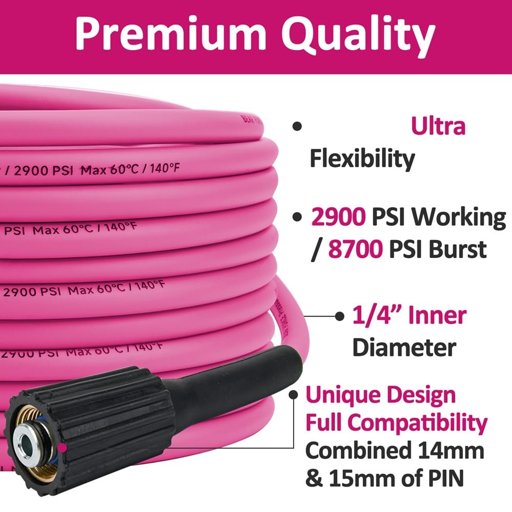 Tubo Flessibile per Idropulitrice da 10 M, 200 Bar, 2900 PSI, Tubo per Idropulitrice da 1/4", Prolunga per Autolavaggio, Attacco M22-Pin 14/15.
