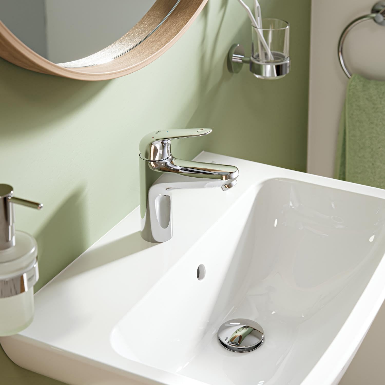 GROHE Swift, energooszczędna bateria umywalkowa, zimna woda w pozycji środkowej (kran do umywalki, wysokość 18 cm, z odpływem pop-up, z narzędziem 3 w 1, łatwa instalacja), chrom, 24329001