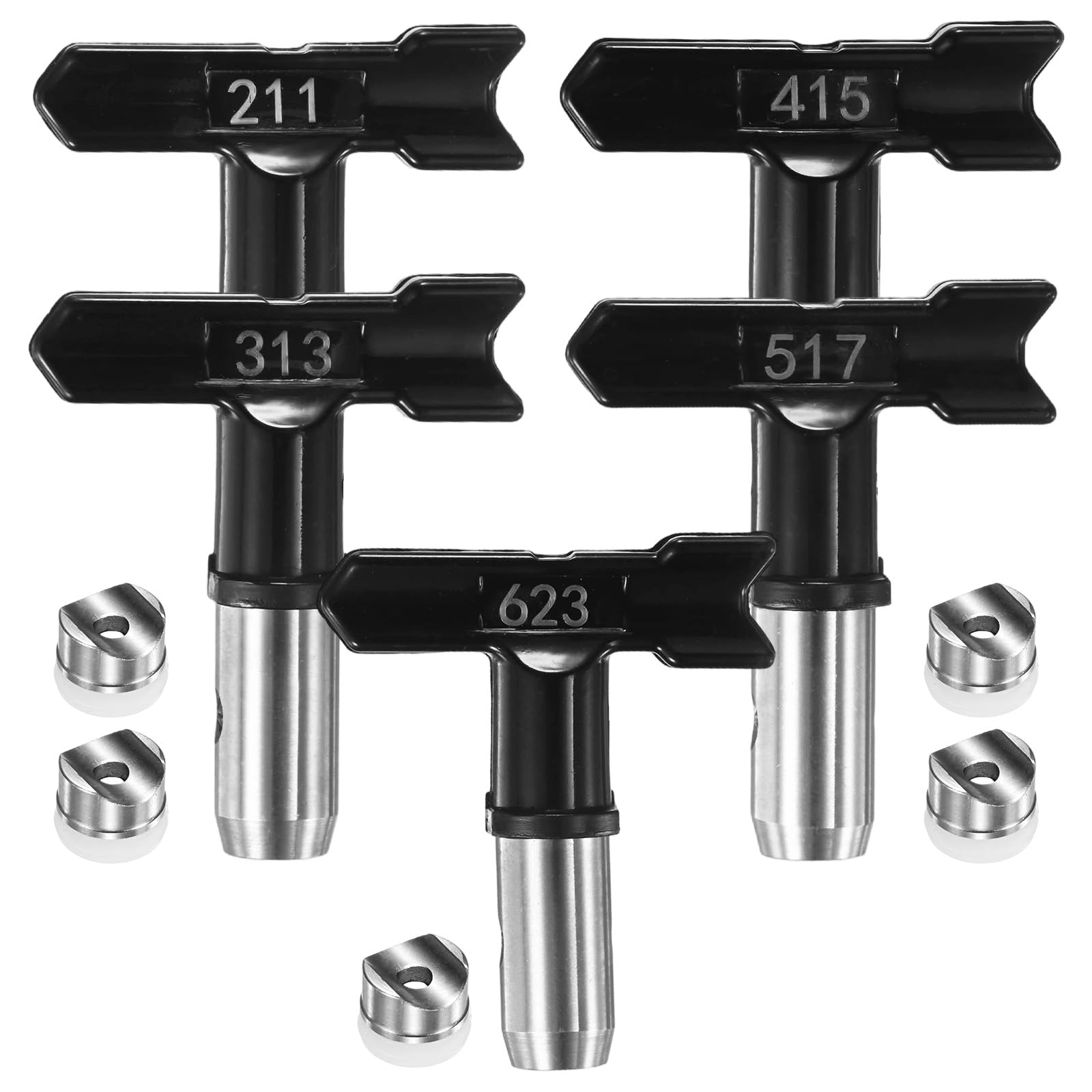 M METERXITY 1-Set Airless Paint Sprayer Tips, 304 Stainless Steel Reversible Paint Sprayer Nozzle Guns with 5 Pads for Homes/Garden/Fences [Black, 211, 313, 415, 517, 623]