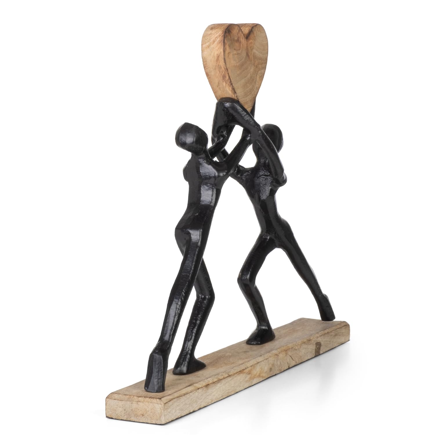 Nowoczesna rzeźba z aluminium i drewna 38 x 6 x 33 cm - figurka dekoracyjna z sercem na cokole z drewna mango - symboliczna dekoracja figury dla miłości, przyjaźni, spójności, partnerstwa