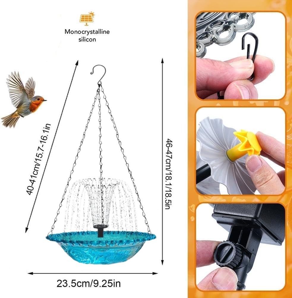 Solar Cascade Hanging Bird Bath Fountain - 9 Water Outlets for Soothing Stream Sound - Solar Powered Birdbath with 12" Large Bowl for Outdoor Garden Yard Decor & Hummingbird Attraction (Blue) — view 5