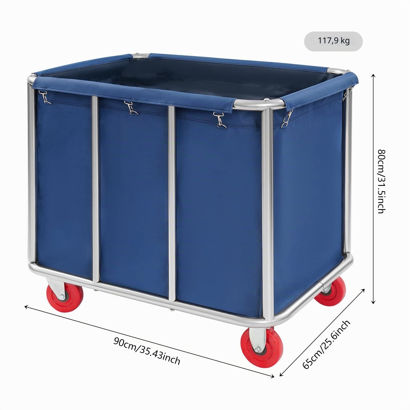 Carrello portabiancheria grande in acciaio inox commerciale con ruote, per la casa, hotel, 300 l, portata 117 kg, 90 x 65 x 80 cm