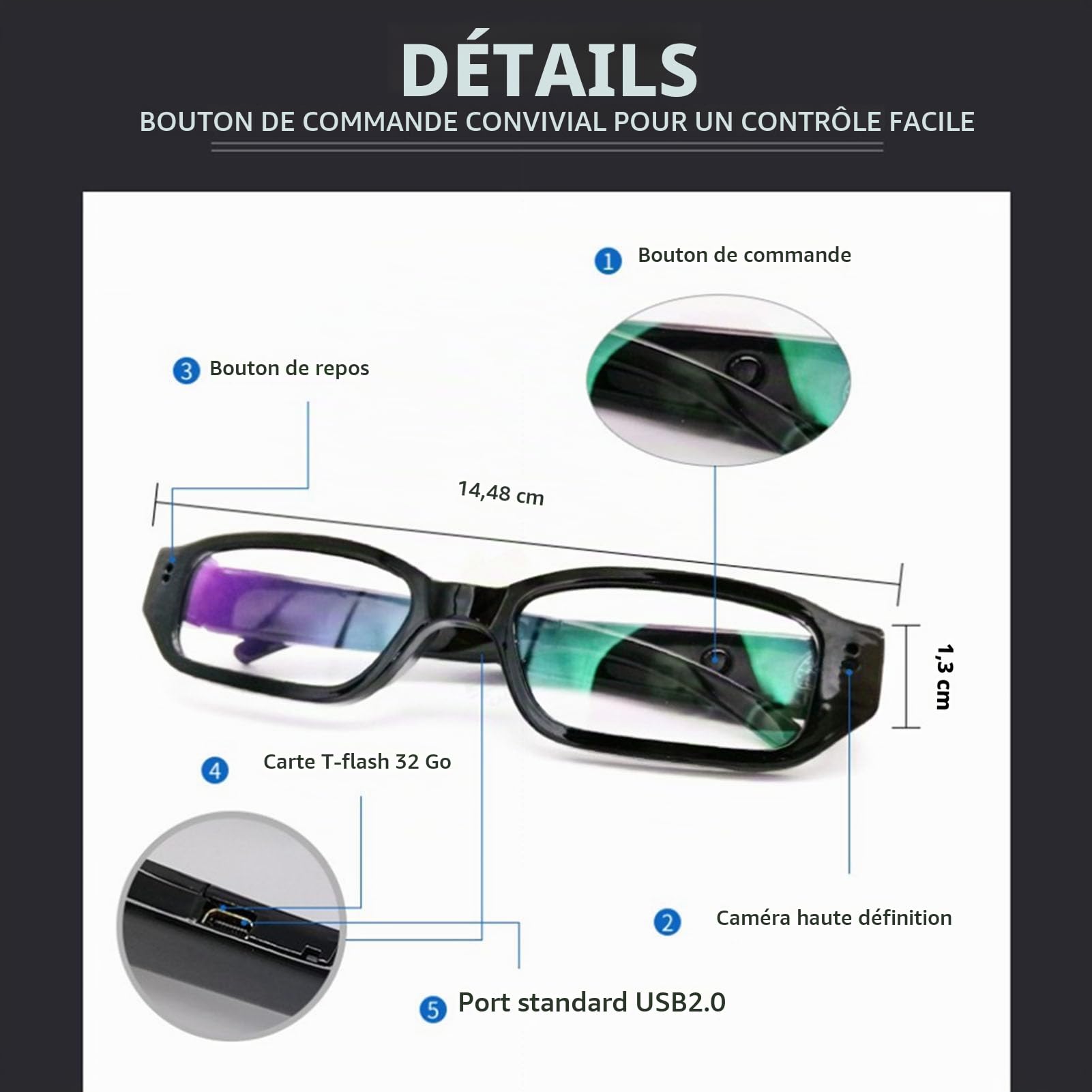 Lunettes avec Caméra, Enregistrement Vidéo HD 1080P, Stabilisateur d'image Intelligent, Objectif Grand Angle, Lunettes Portables pour Voyages, Cyclisme, Conduite Sports
