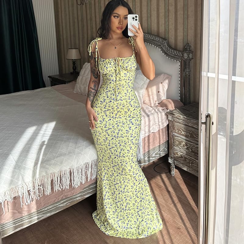 Image of Women Floral Printed Spaghetti Strap Maxi Dress Long Dress Backless Tie Shoulder Mermaid Dress