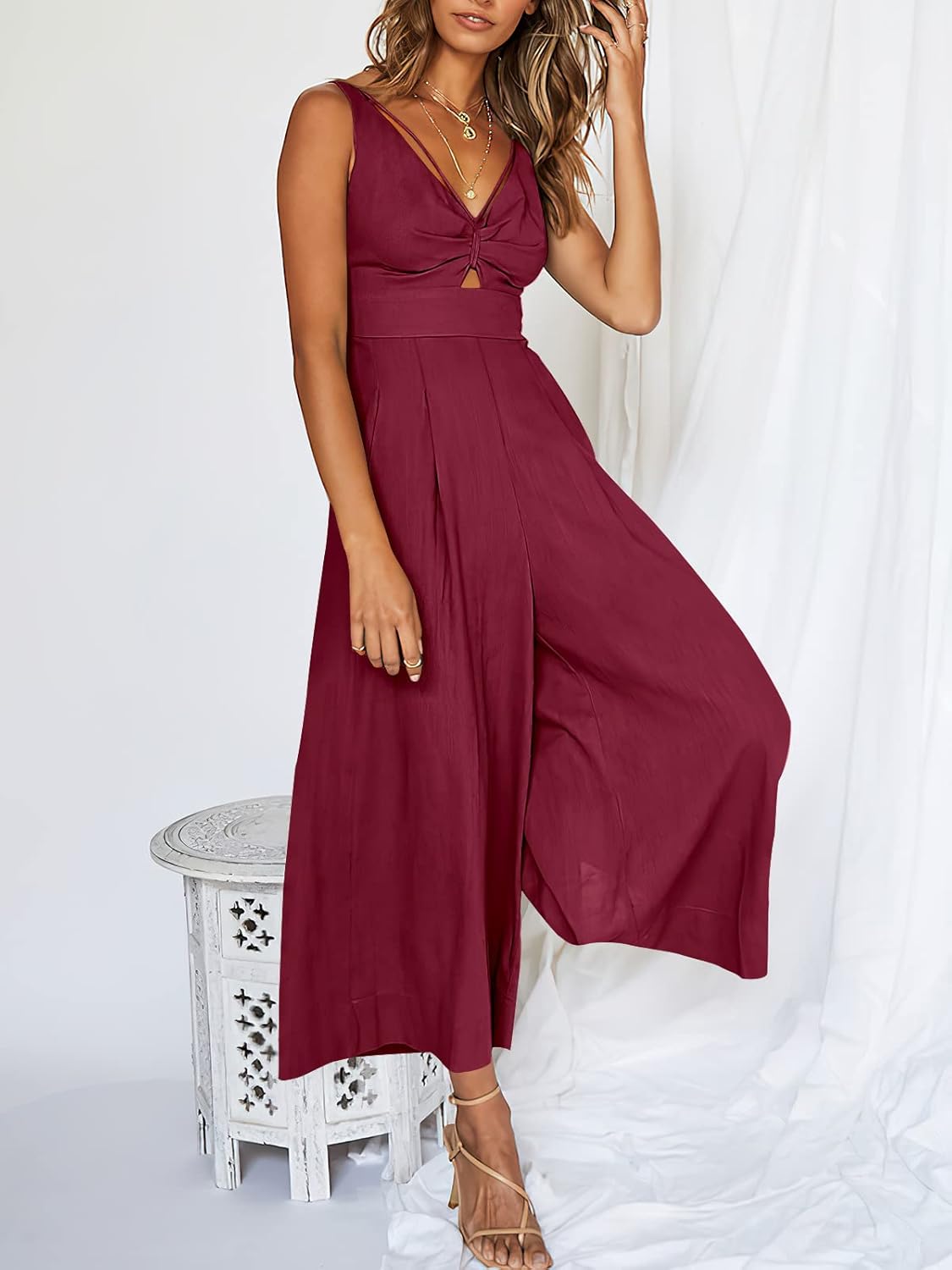 ANRABESS Womens Jumpsuits Summer Linen Wide Leg Sleeveless V Neck Casual Dressy Rompers Pants 2026 Spring Vacation Outfits - Image 3