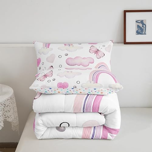 Miniatura 5 de Juego de edredón matrimonial en colores pastel para niños y niñas, juego de ropa de cama y juegos de ropa de cama de 3 piezas de nubes de mariposa