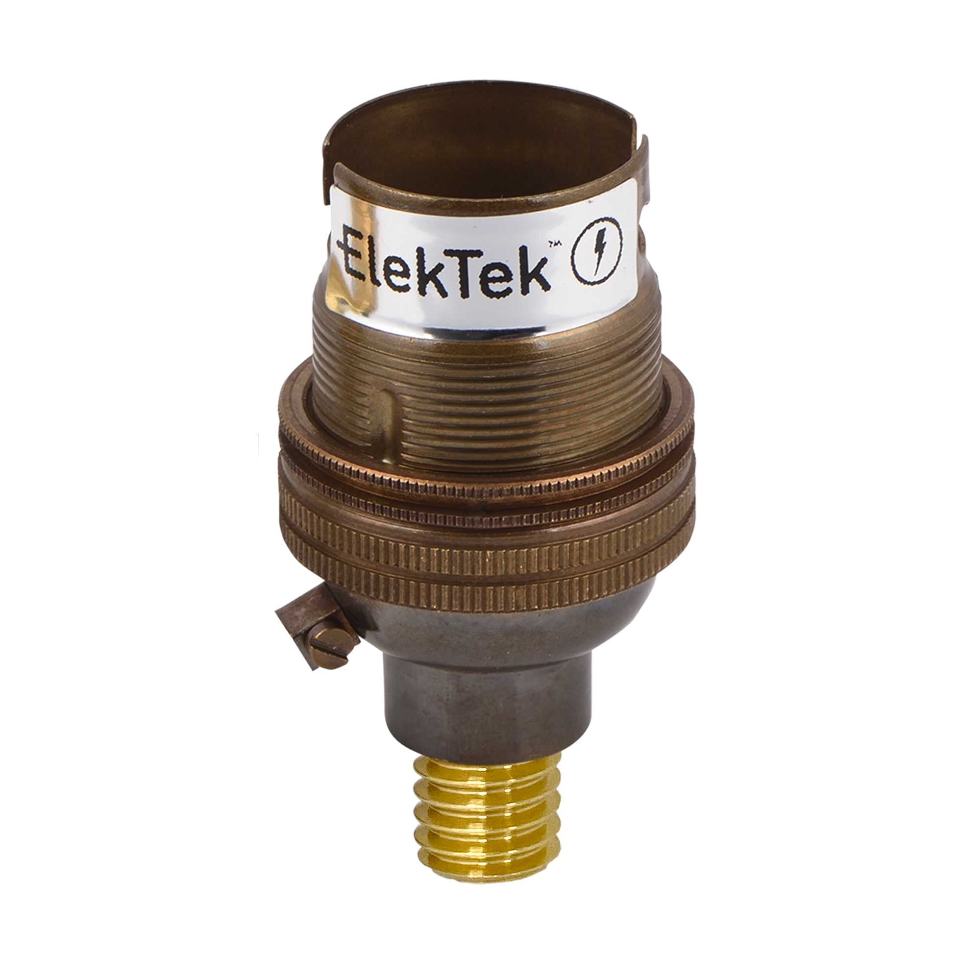 Elektek Antique Brass Unswitched Lamp Holder B22 Bc Bayonet Cap & Shade Ring With Cnc Solid Brass 7/16Th Screw-In Wood Mount - Made In Uk