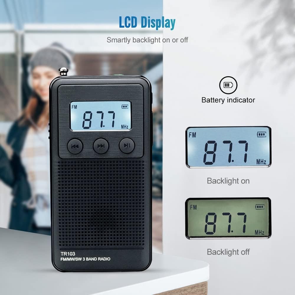 TR103 Pocket Portable Mini Radio FM/MW SW Digital Tuning 9/10Khz MP3 Music Player with Rechargeable
