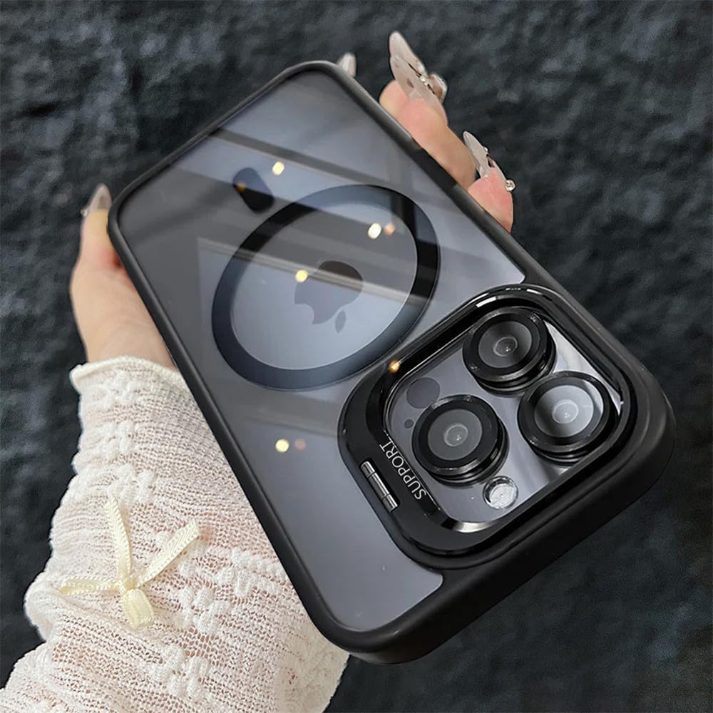 Magnetyczne etui odporne na wstrząsy do iPhone'a 17 16 15 14 Plus 13 12 11 Pro Max, podstawka Funda, szklana osłona obiektywu, czarna, do iPhone'a 12, 12 Pro