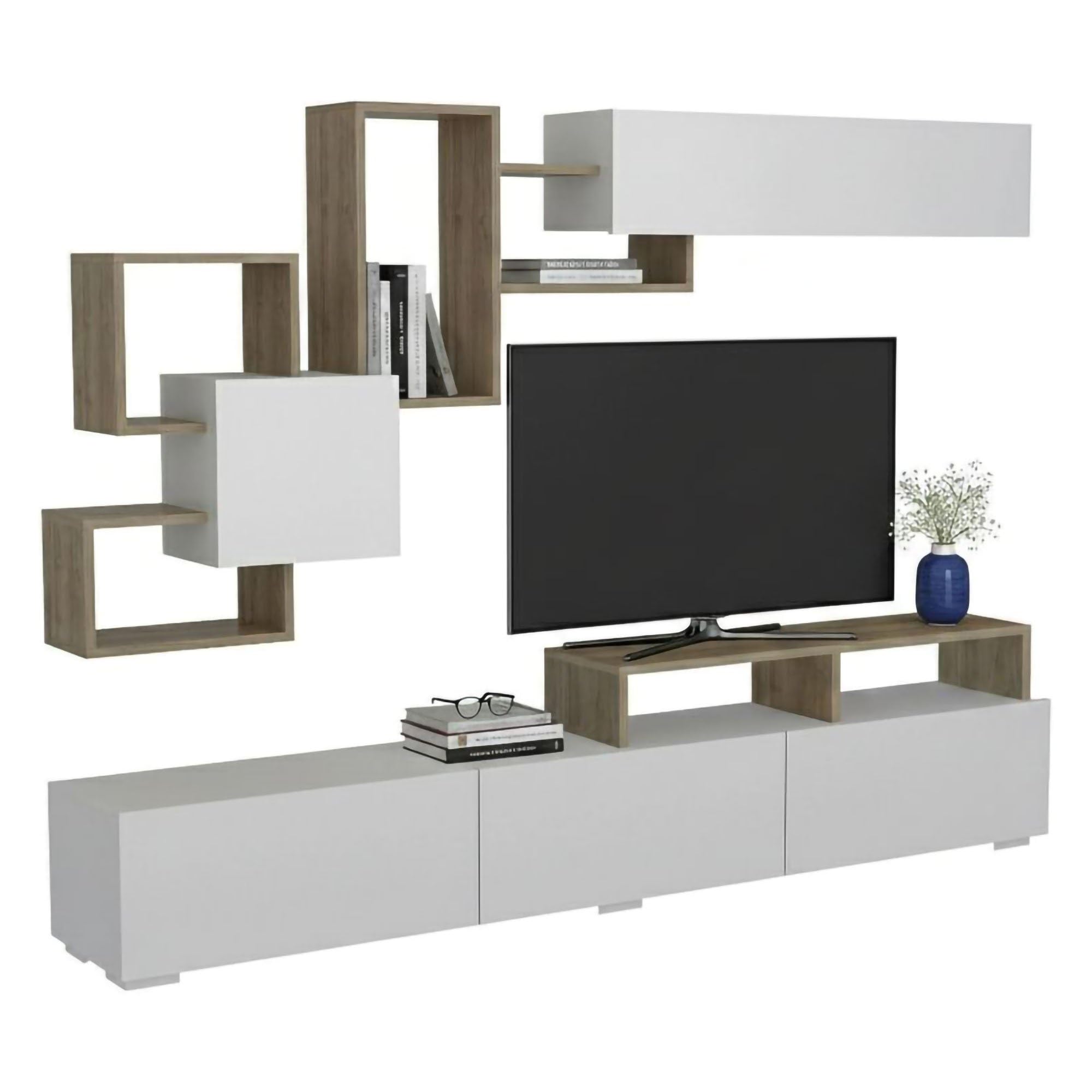 Dmora - Parete attrezzata Thalassa, Composizione soggiorno, Mobile salotto multiuso, Armadio porta TV, 210x37h47 cm, Bianco e Noce