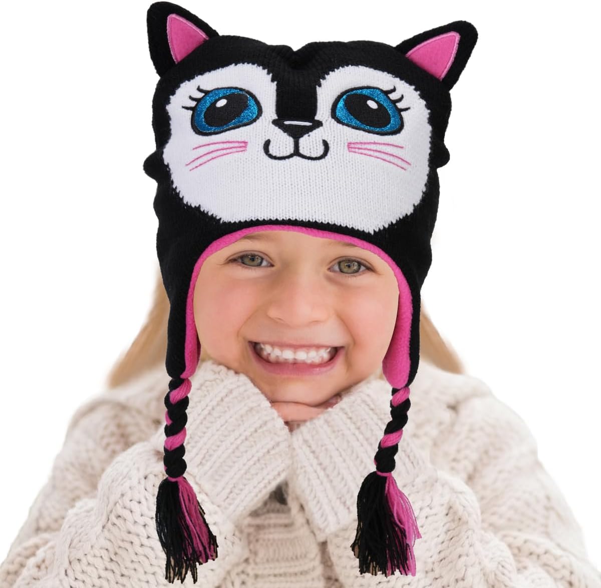 Kids Cat Face Beanie Hat and Gloves Set Unisex Fleece Toddler Winter Hat for Boys Girls 2-10 Years - Image 2