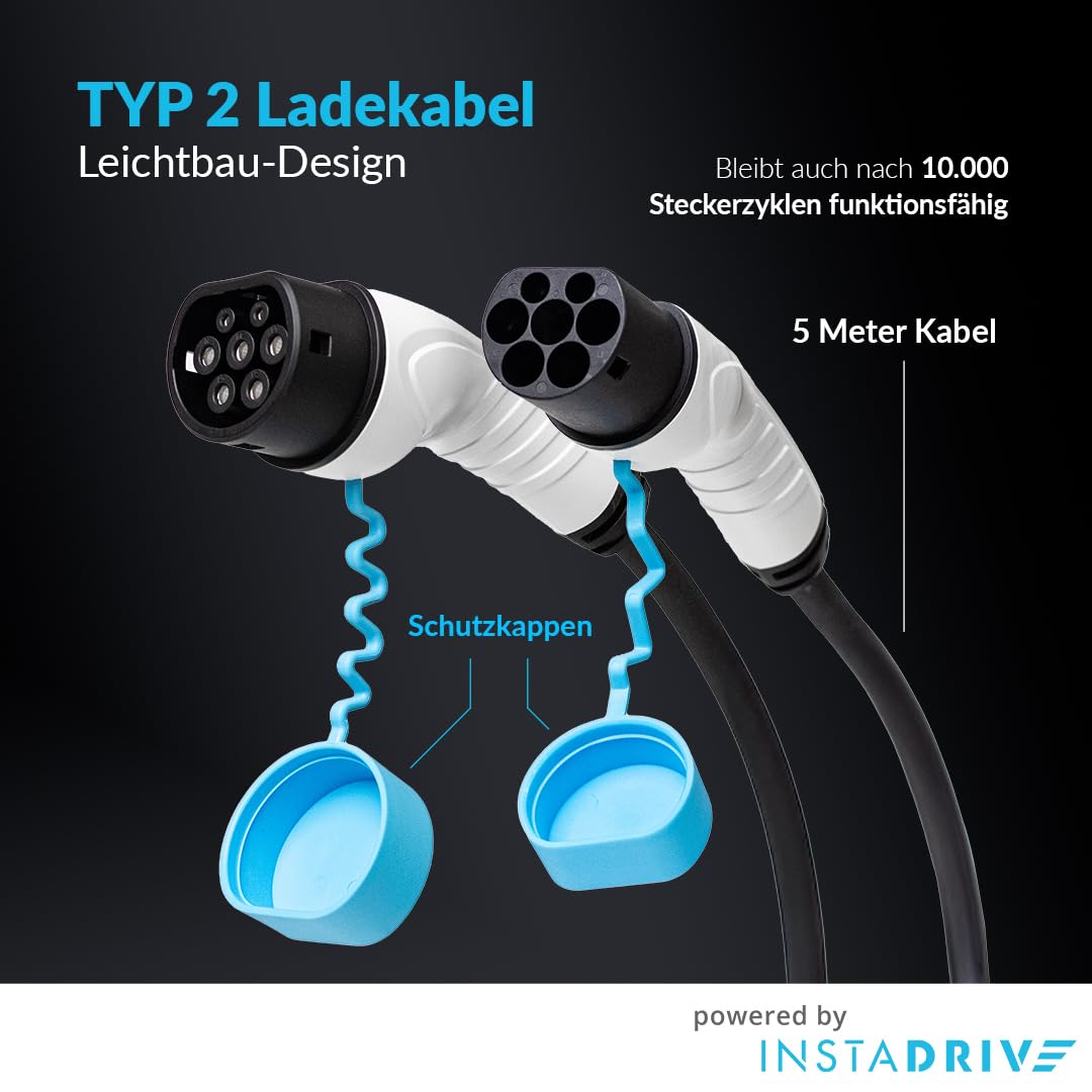Typ 2 auf Typ 2 Ladekabel für Elektroautos, 32A / 22kW / 3-Phasig / 5 Meter – zum Laden von E-Auto (EV) und Plug-in-Hybrid (PHEV) an Wallbox und Ladestationen – mit hochwertiger Tragetasche