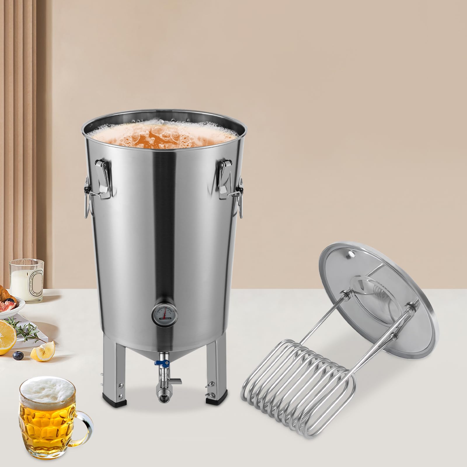 Gärtank 32 l, Edelstahl 304, mit Kühler, konischer Vereisung, Bierbraubehälter, für Handwerk, Wein, Milch usw., verwendet als konventioneller Lagerbehälter