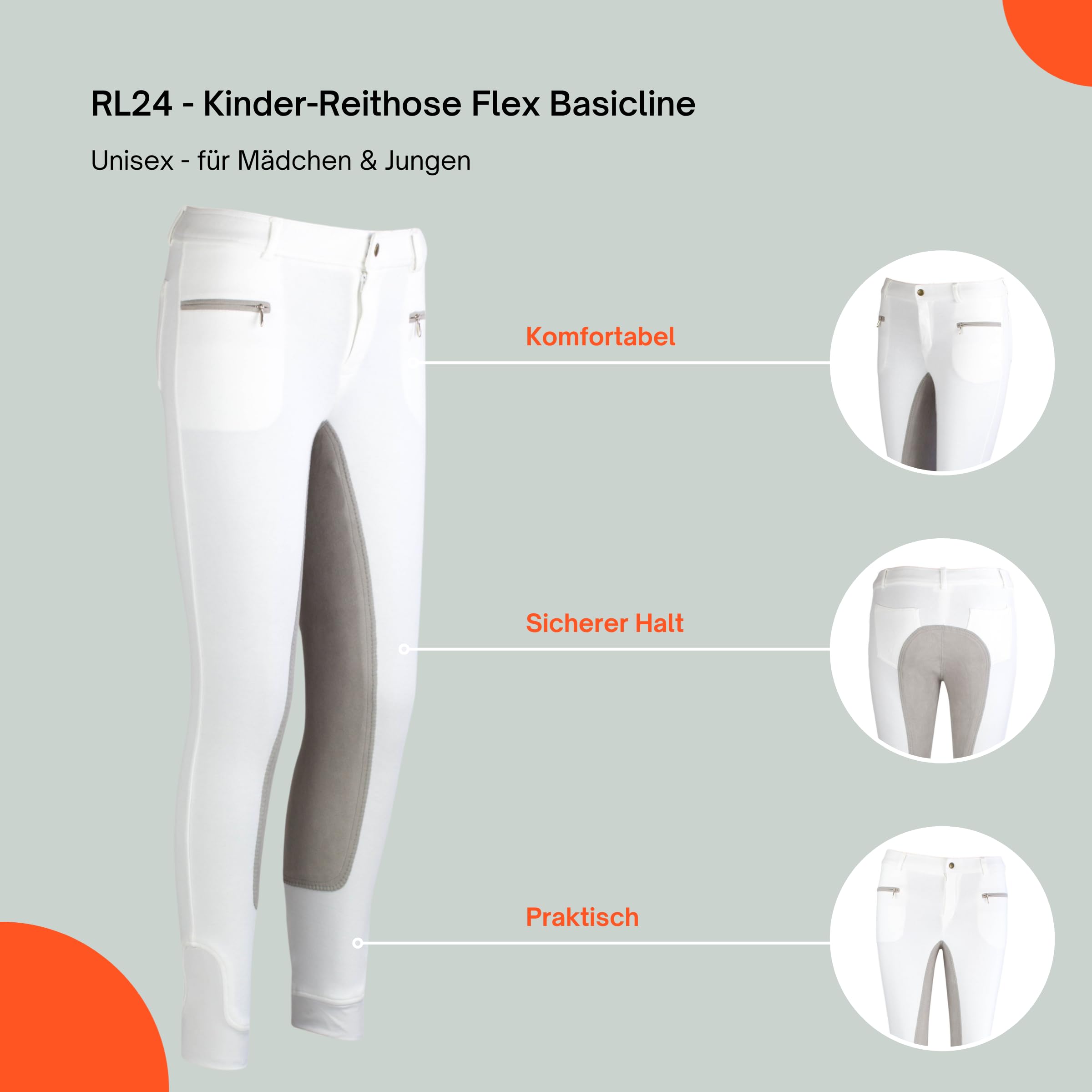 RL24 - Kinder-Reithose Flex Basicline | Reiterhose für Mädchen & Jungen | 3/4 Besatz aus Wildlederimitat | hautfreundlich, atmungsaktiv & elastisch | Unisex Reitleggings in vielen Farben & Größen