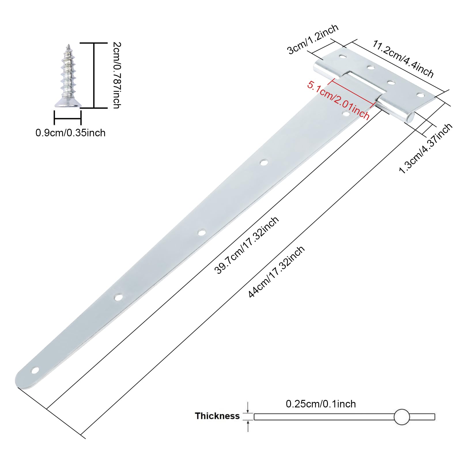 Heavy Duty T-Hinges 16 Inch (400mm) Tee Hinge for Wooden Door Gate Silvery, 3 Pack, Matching Screws Included - Image 3